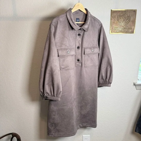 GAP Womens Faux Suede Utility Shirt Dress Mauve Brown XXL Puff Sleeve Mini - Picture 3 of 10